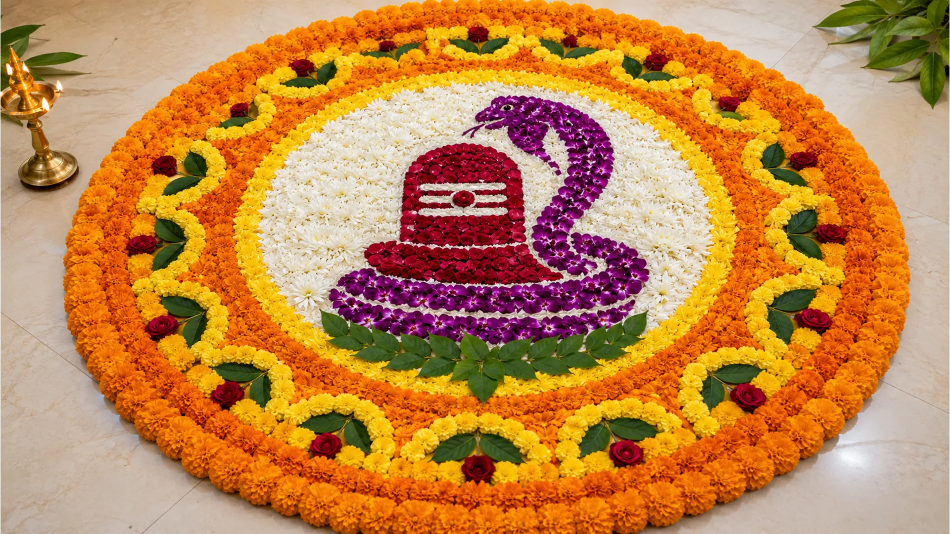 Full HD photograph of a colorful floral rangoli featuring a Shivling shape made from marigolds and roses.