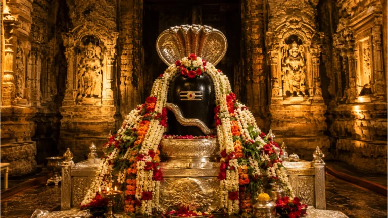 Full HD image of a traditional temple sanctum sanctorum with a Shivling heavily decorated with flower garlands for Shivratri.