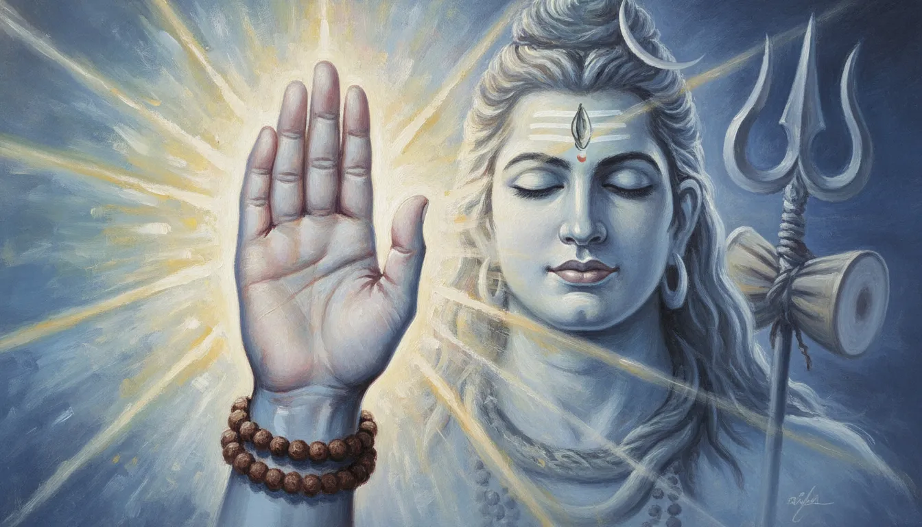 Closeup of Lord Shiva's hand in blessing mudra radiating divine light.