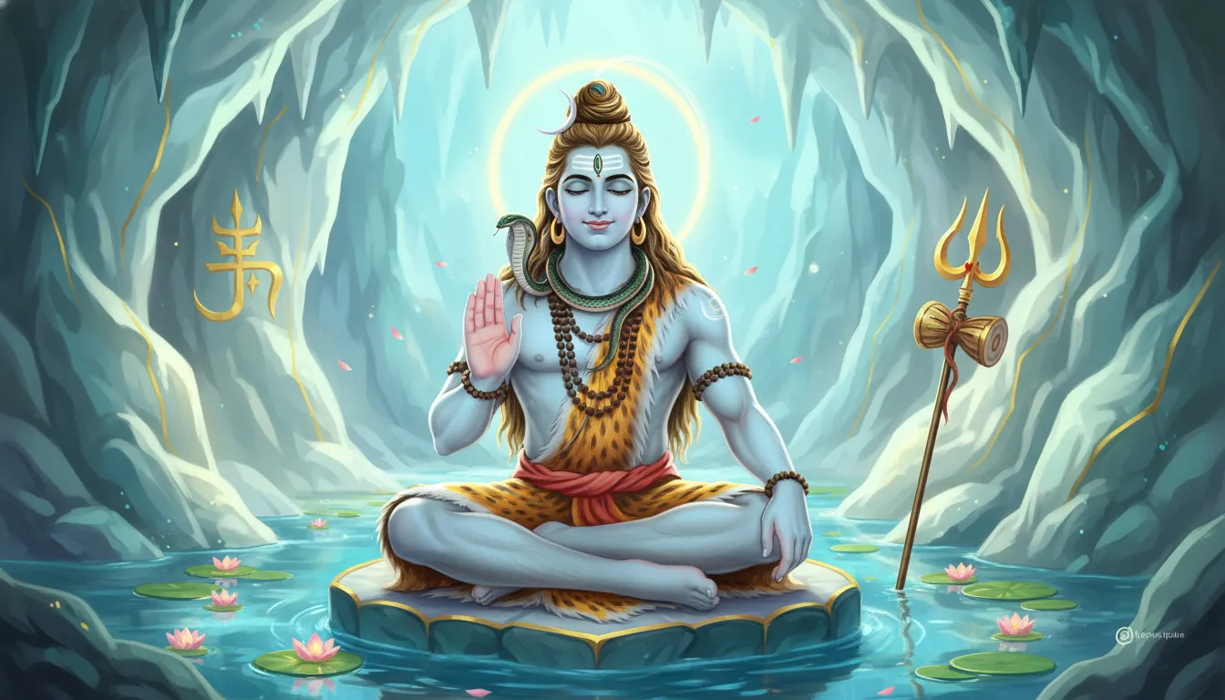 Friendly and compassionate digital art of Lord Shiva Bholenath sitting in a cave 1080p wallpaper.