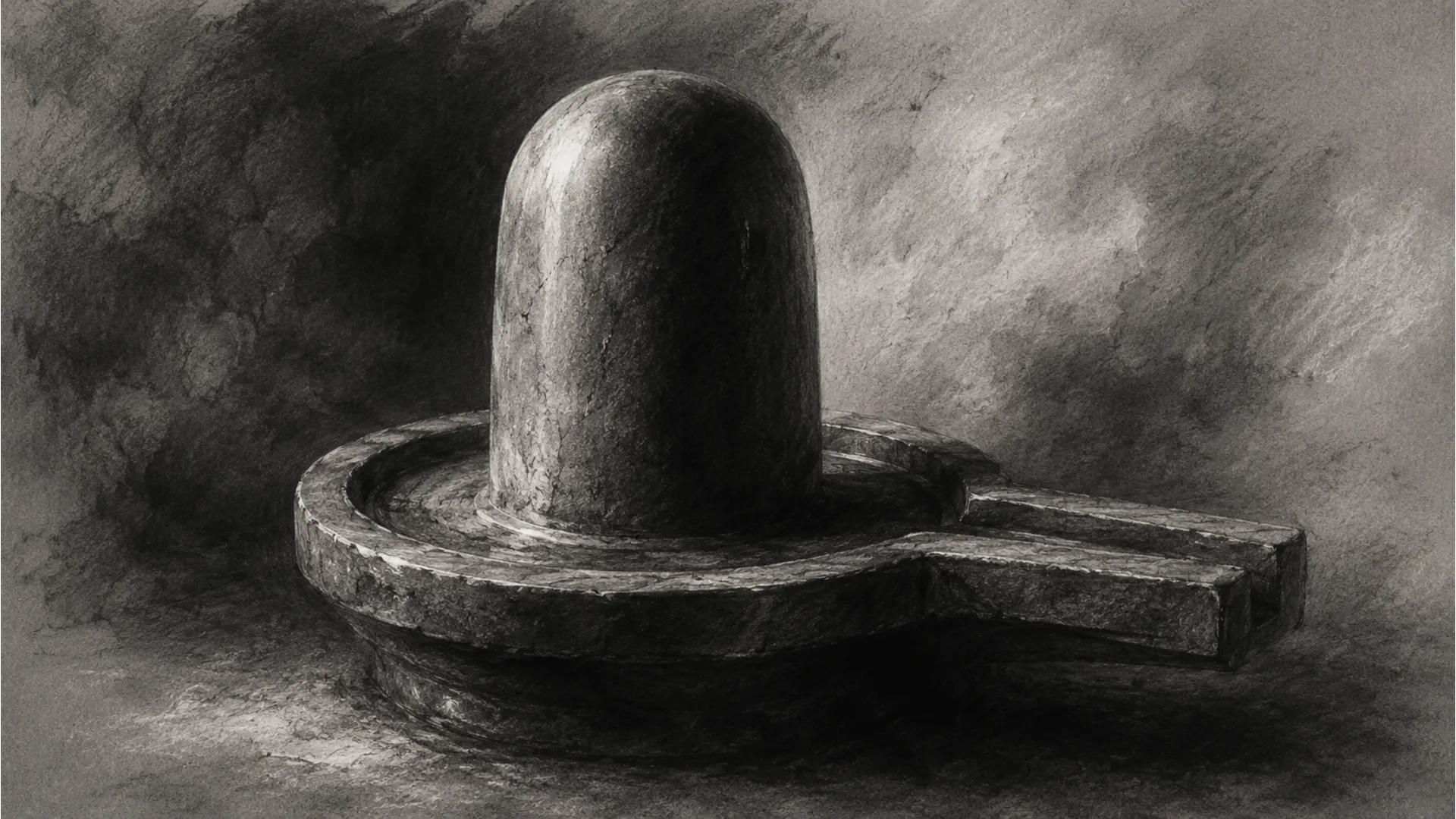 Dramatic black and white charcoal sketch painting of a sacred Shivling with fine textures.