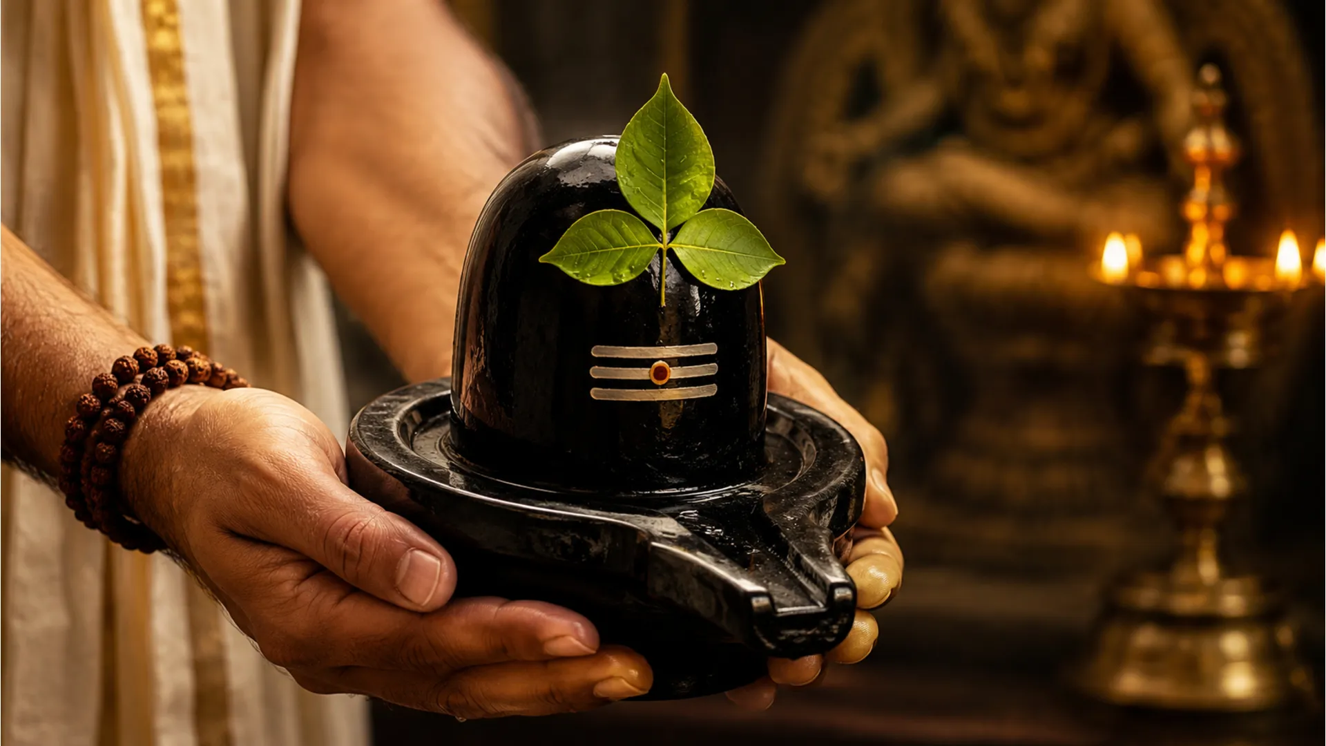 A traditional black stone Shivling held in hands adorned with a green Bel Patra leaf