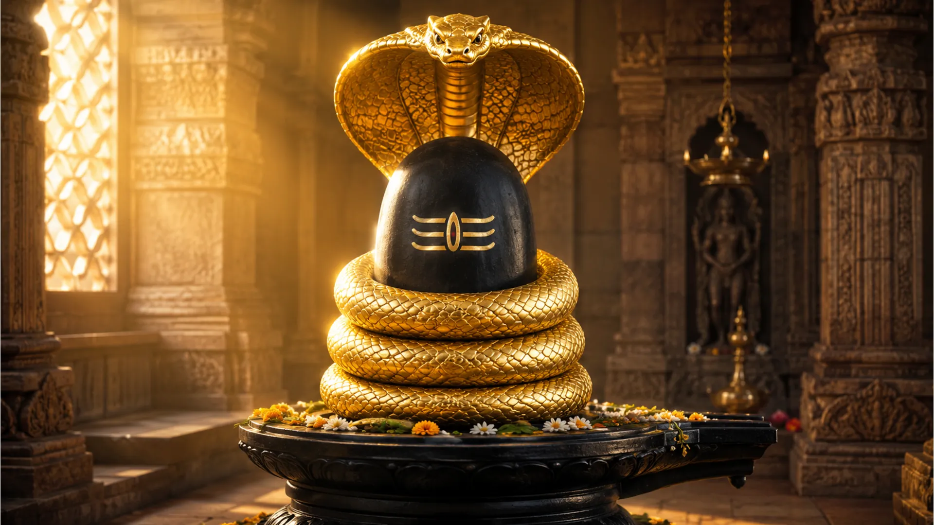 A traditional black stone Shivling gracefully wrapped by a glowing golden snake with its hood open