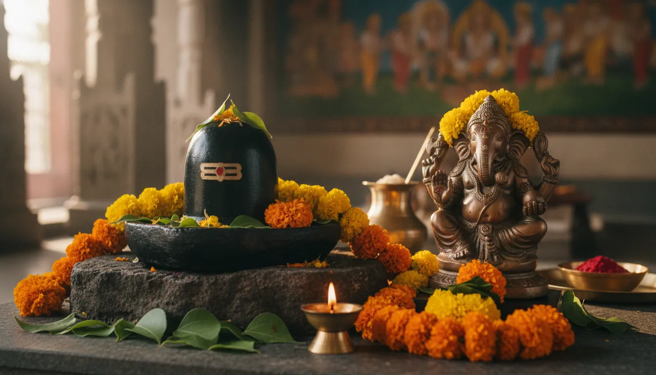 Black stone Shivling decorated with flowers alongside a small Lord Ganesha idol