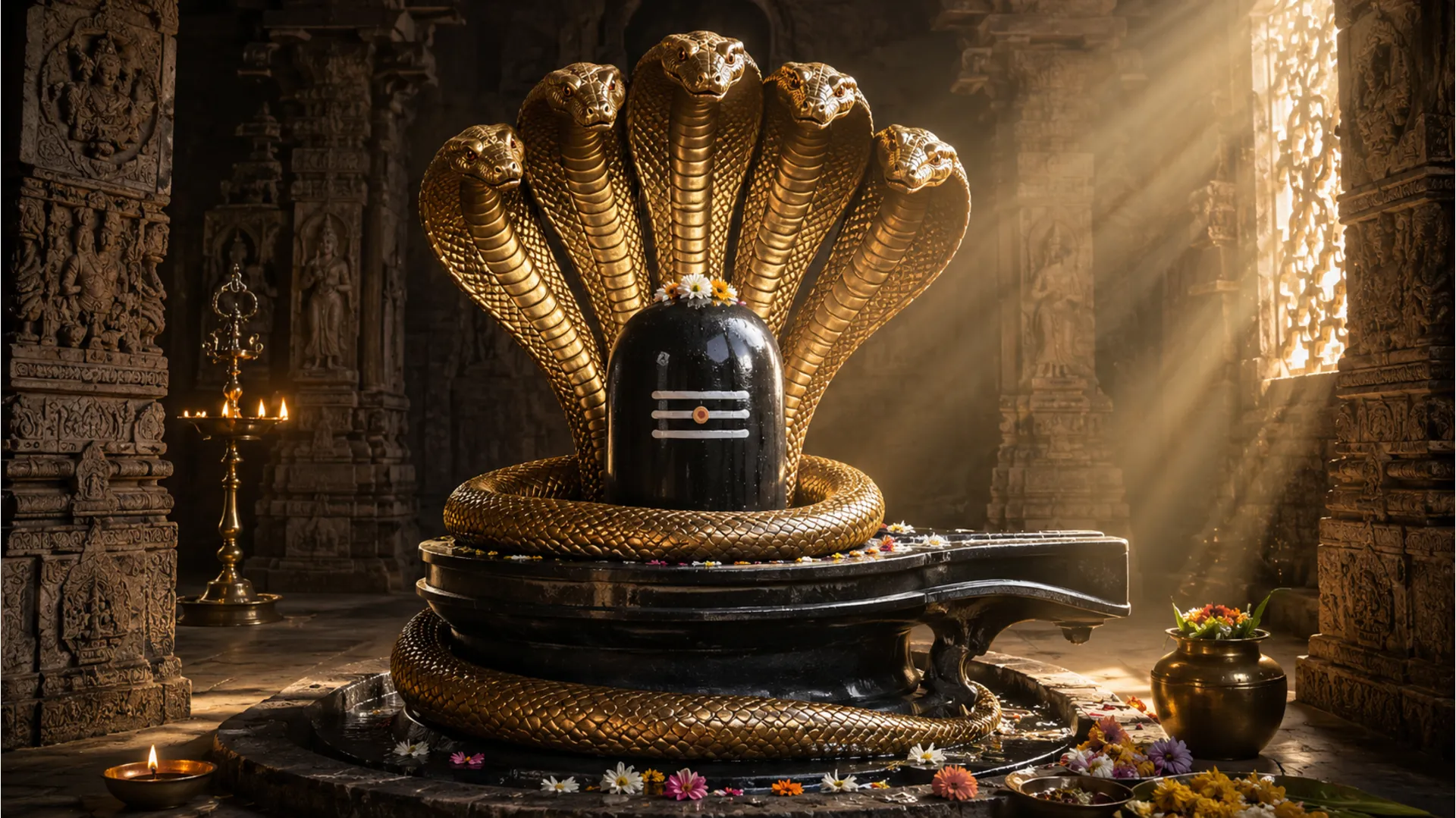 Ancient black marble Shivling shielded by a golden five-headed Sheshnaag snake canopy.