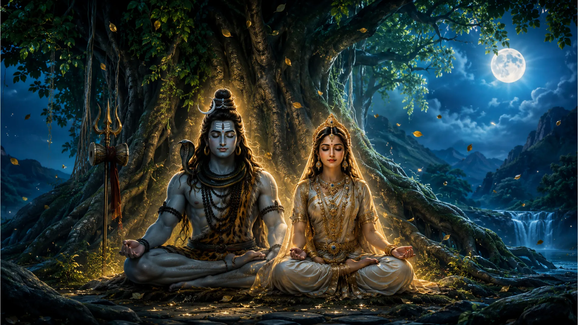 Spiritual portrait art of Shiva and Parvati meditating beneath a large sacred banyan tree at night.