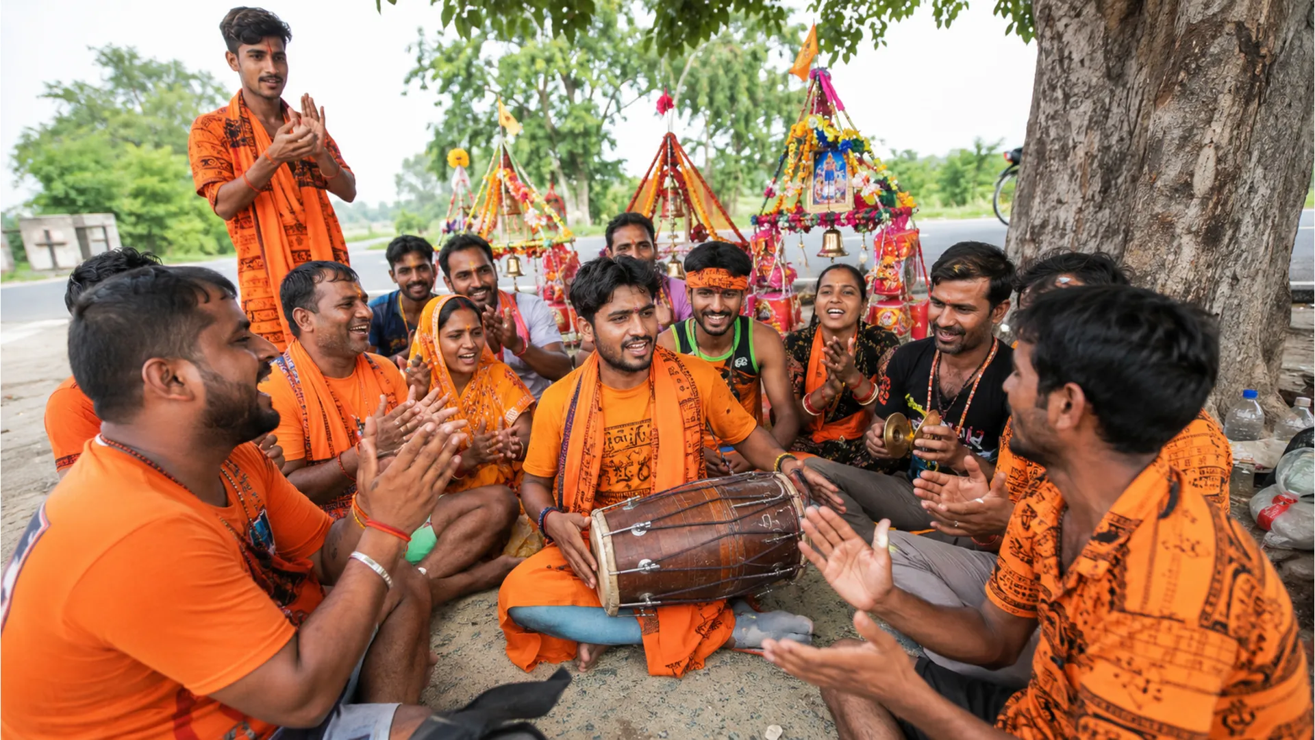Dholak ke sath 'Bol Bom' jaap karte hue energetic Shiv bhakt.