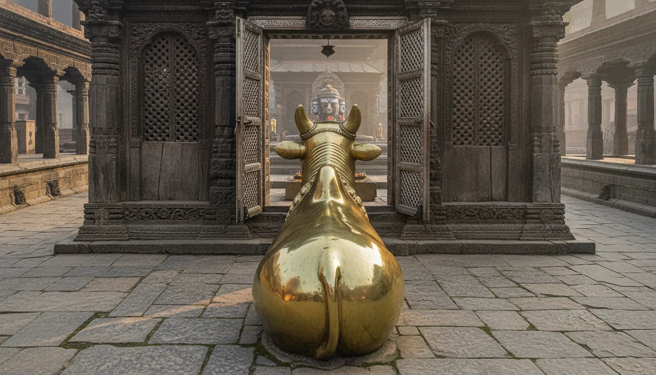 Golden brass Nandi bull sitting in deep devotion facing the images of shivling at pashupatinath temple inner shrine.