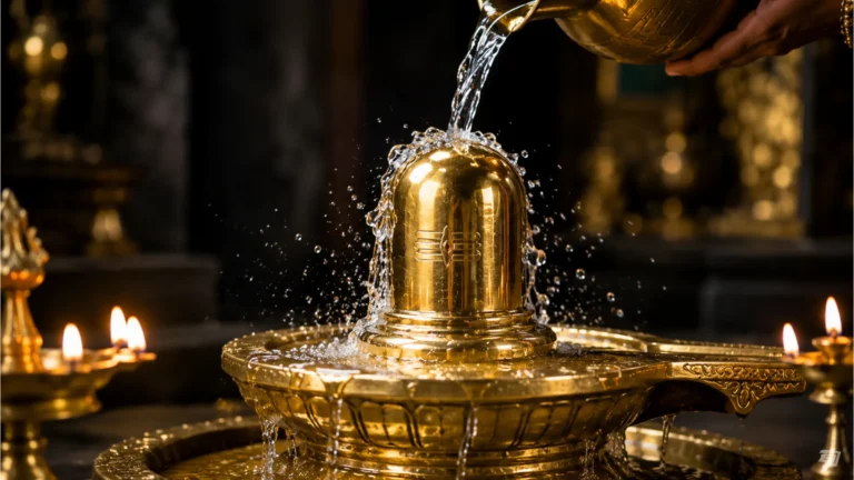 A glossy brass Shivling photo image during a holy water pouring ritual.