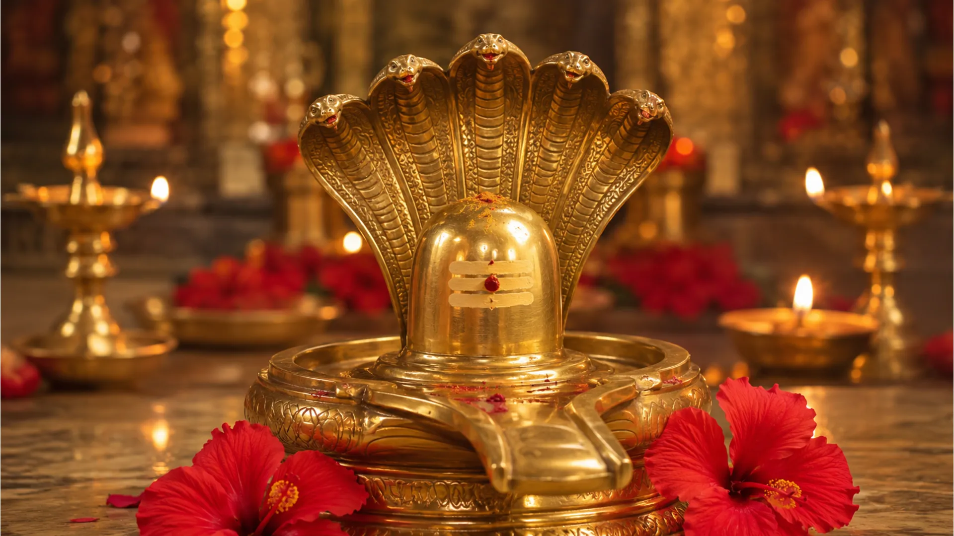 A shining brass Shivling featuring a traditional five headed protective snake brass sculpture