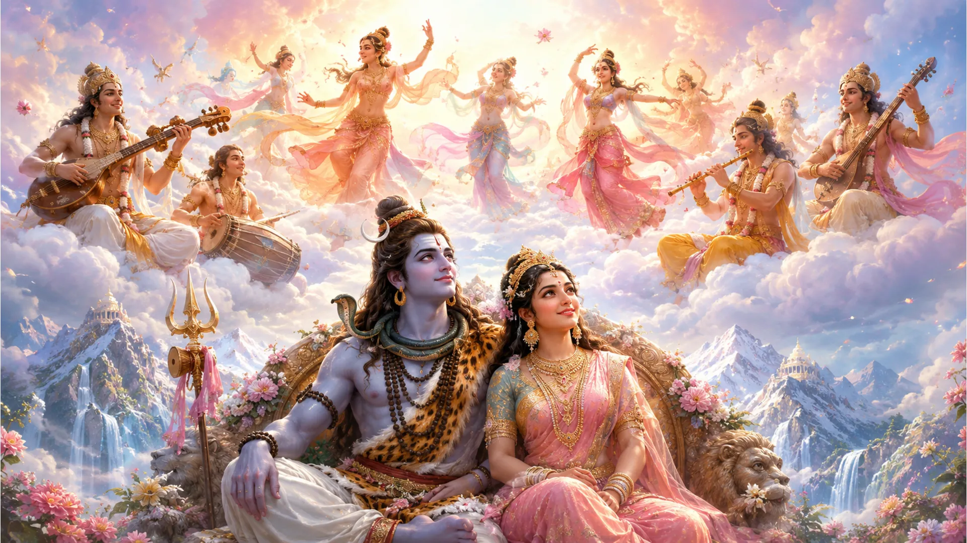 Dynamic artwork of apsaras and gandharvas dancing in the sky to celebrate the marriage of Shiva and Parvati.