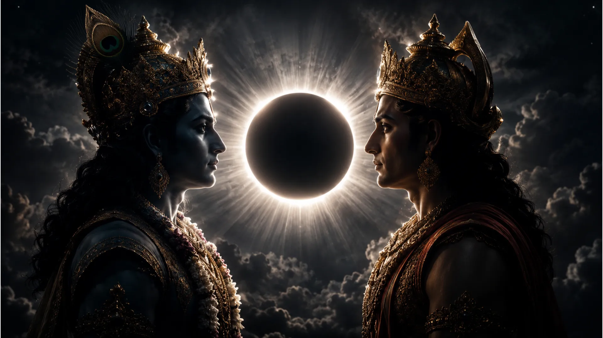 Two spiritual figures facing each other in silhouette against a glowing solar eclipse.