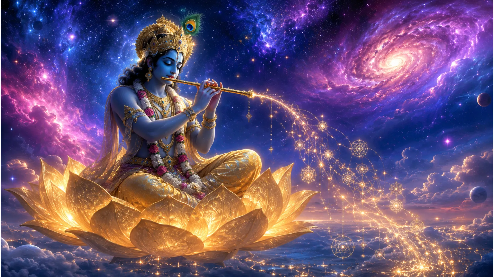 Divine blue-skinned deity playing a flute while seated on a giant glowing golden lotus flower.