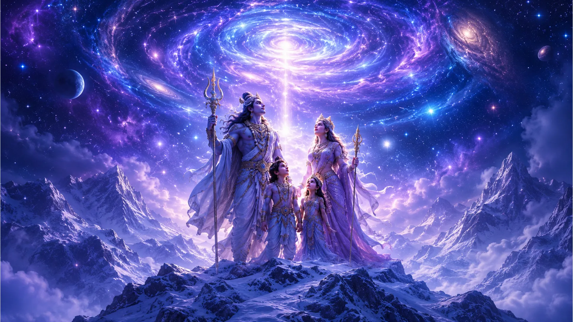 A swirling celestial portal opening in the sky above a divine family on a snowy peak