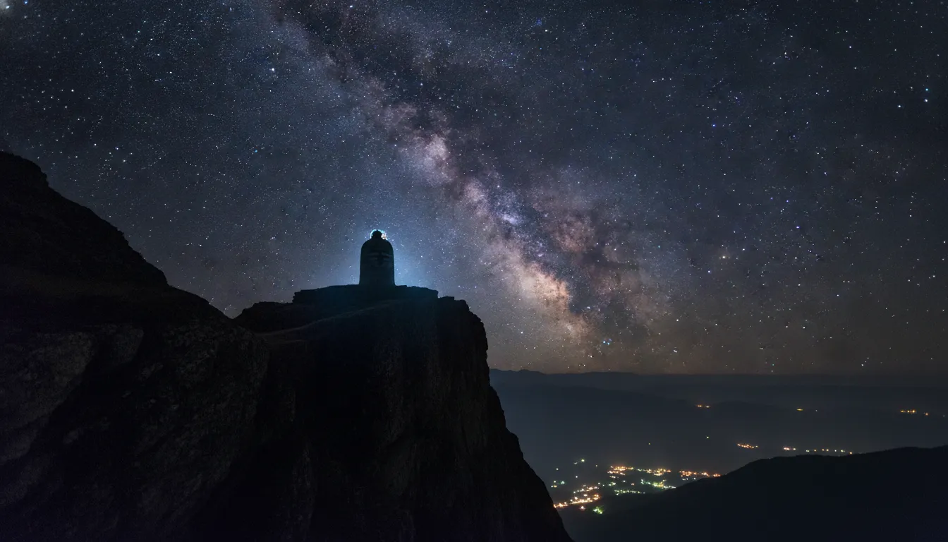 A mystical stone Shivling under a star-filled night sky with the visible Milky Way galaxy.