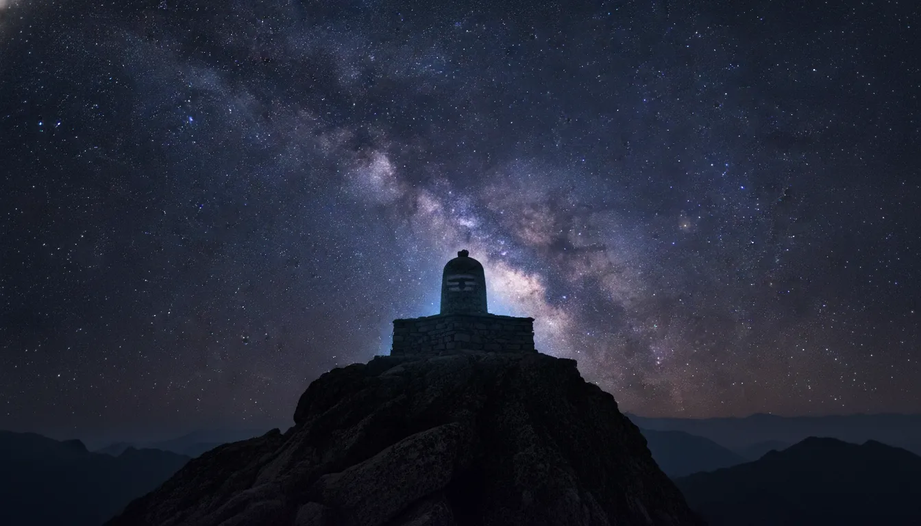 A mystical stone Shivling under a star-filled night sky with the visible Milky Way galaxy.
