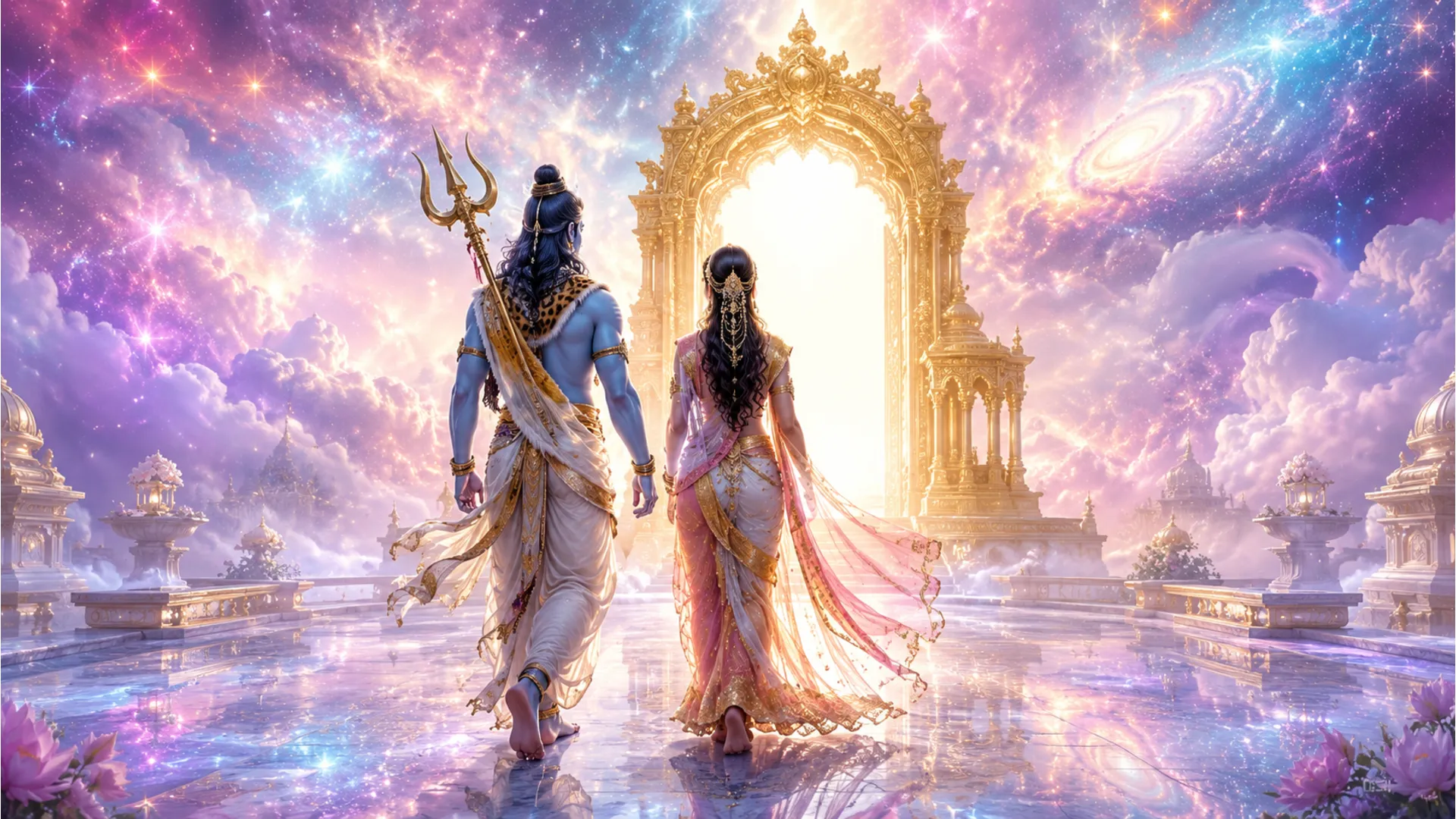 Spiritual couple walking toward a glowing golden gateway in a mystical sky landscape.