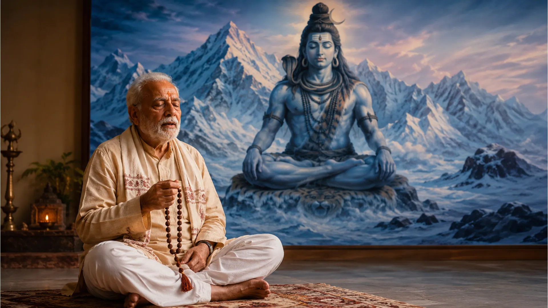 A lone devotee sitting inside a quiet stone cave temple praying to a meditating Shiva statue