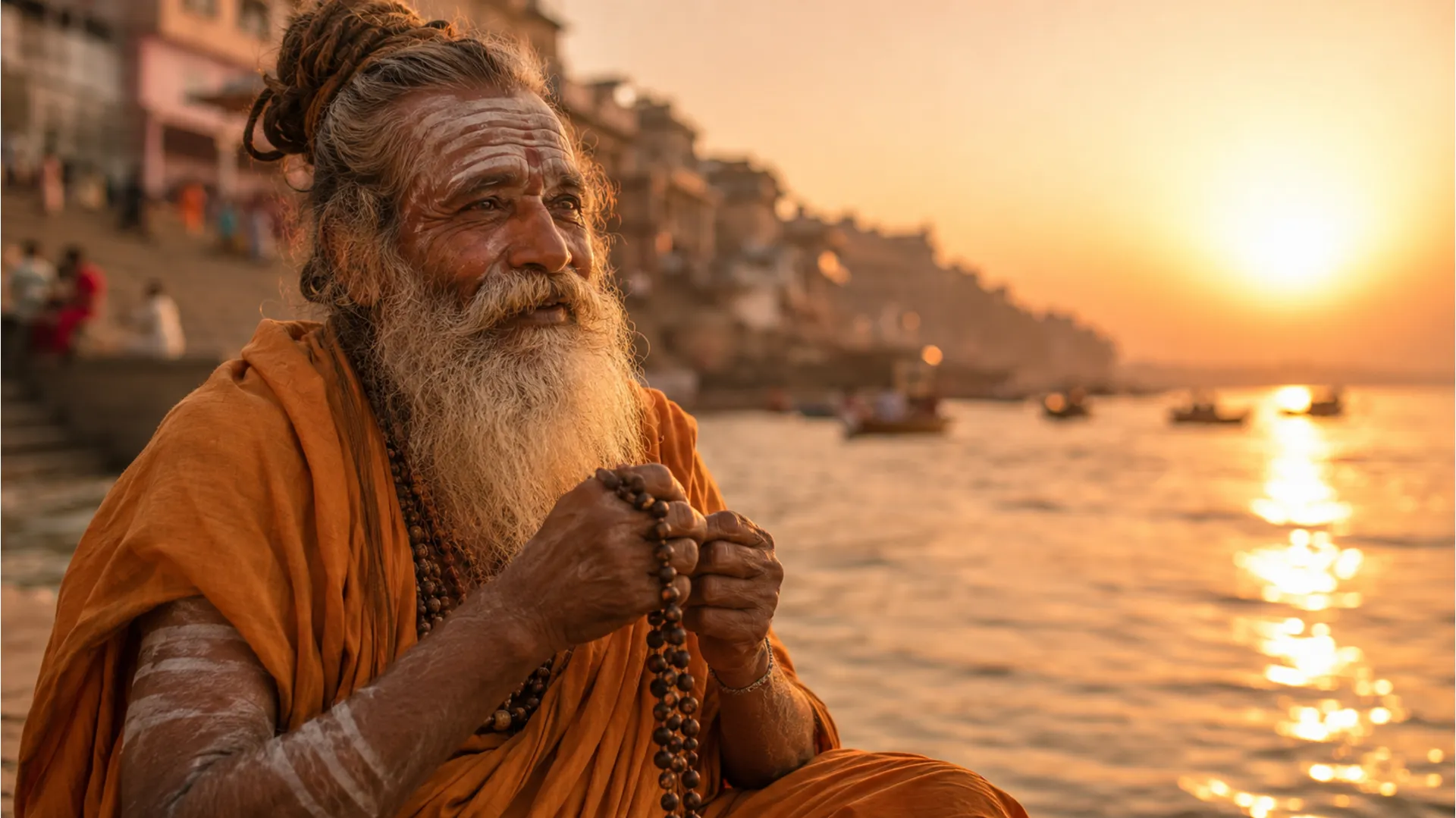 Realistic 4K portrait of an elderly Sadhu chanting with a mala near the Ganges river during sunset.