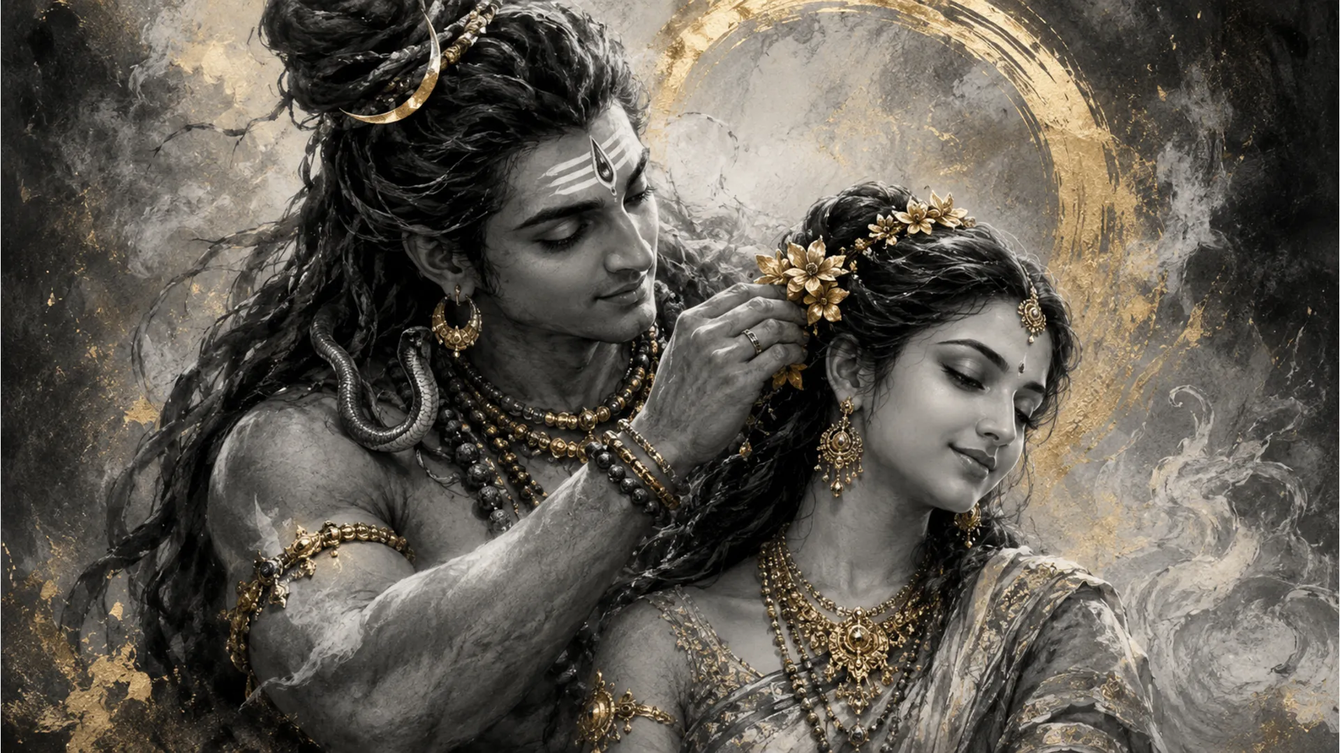 Monochromatic charcoal sketch of Lord Shiva putting a flower in Parvati hair with real gold leaf accents on the jewelry and blossoms.