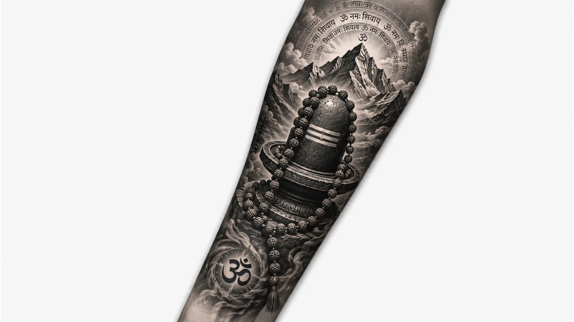 Forearm sleeve tattoo image featuring a realistic string of rudraksha beads wrapped around a detailed stone shivling.