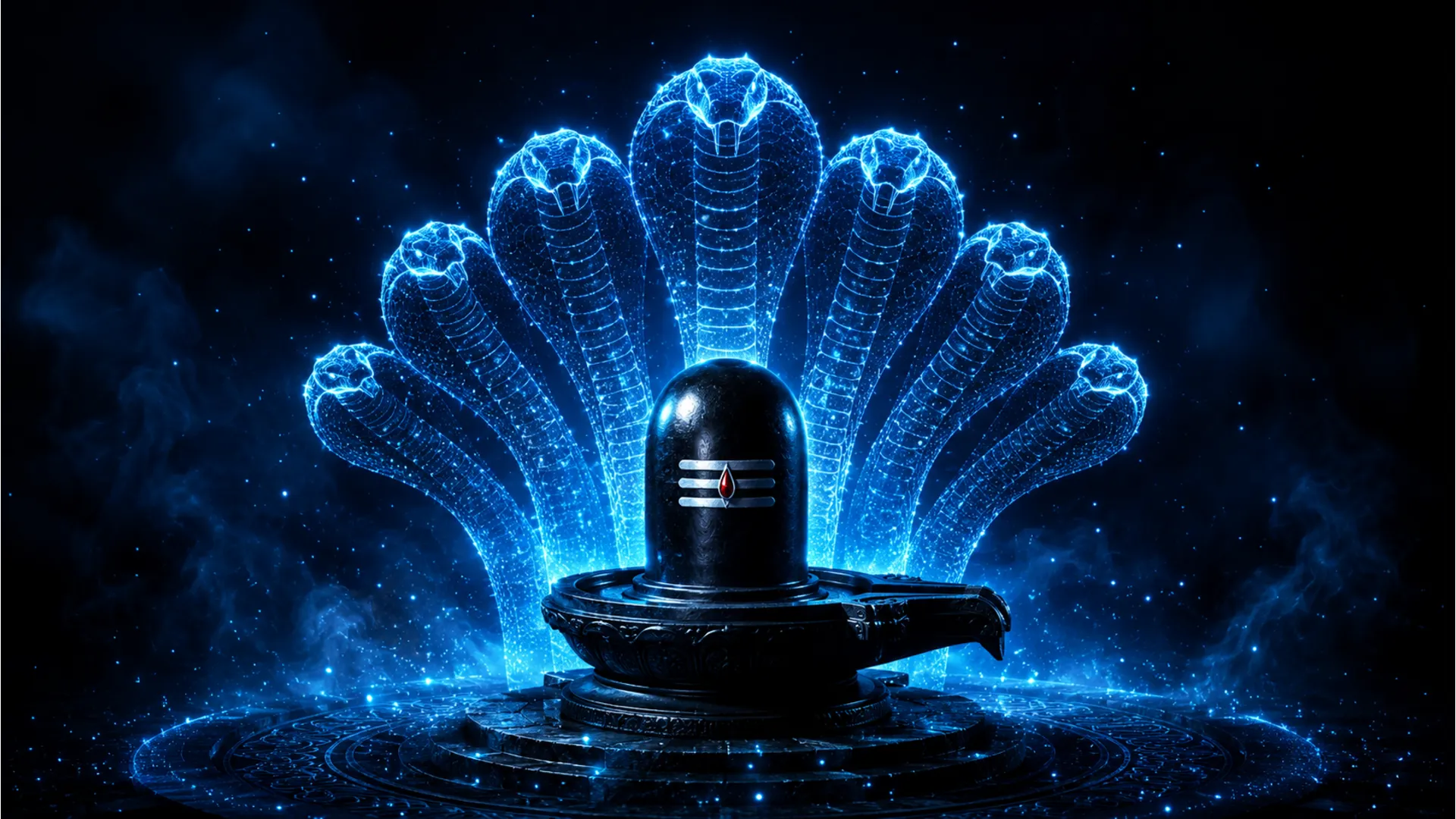 Cinematic 3D Shivling image with a glowing holographic snake canopy