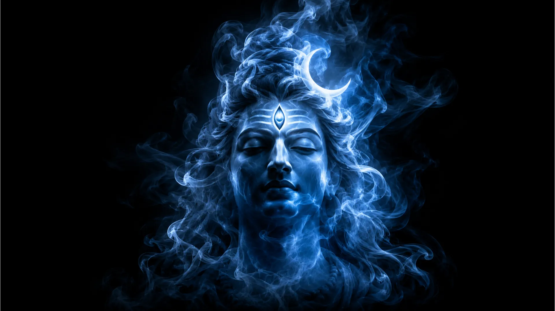 Creative cinematic portrait of Lord Shiva formed out of mystical blue smoke.