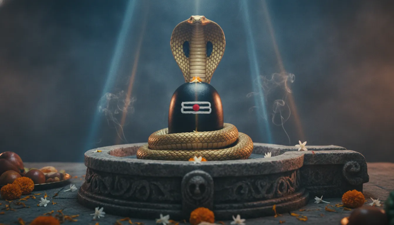 Dark stone Shivling with white Chandan Tripundra tilak and a golden snake wrapped around it in a smoky mystical atmosphere.