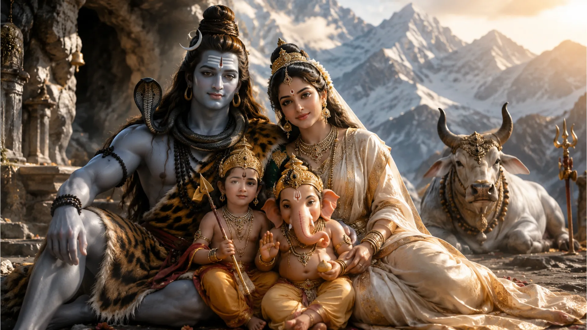 Hyper-realistic 3D Har Har Mahadev family photo HD with stunning cinematic lighting.