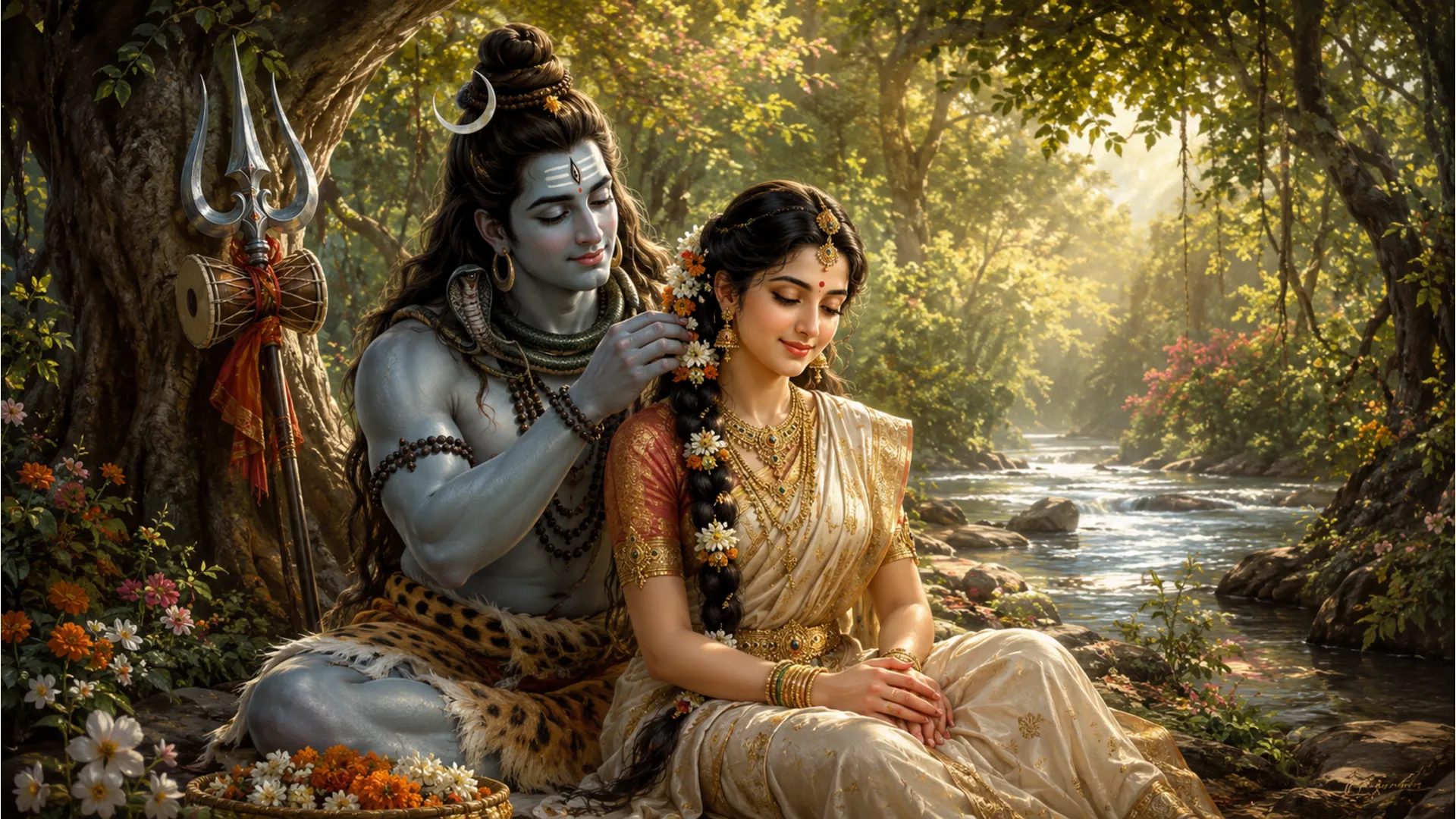 Classic canvas painting of Lord Shiva gently putting flowers in