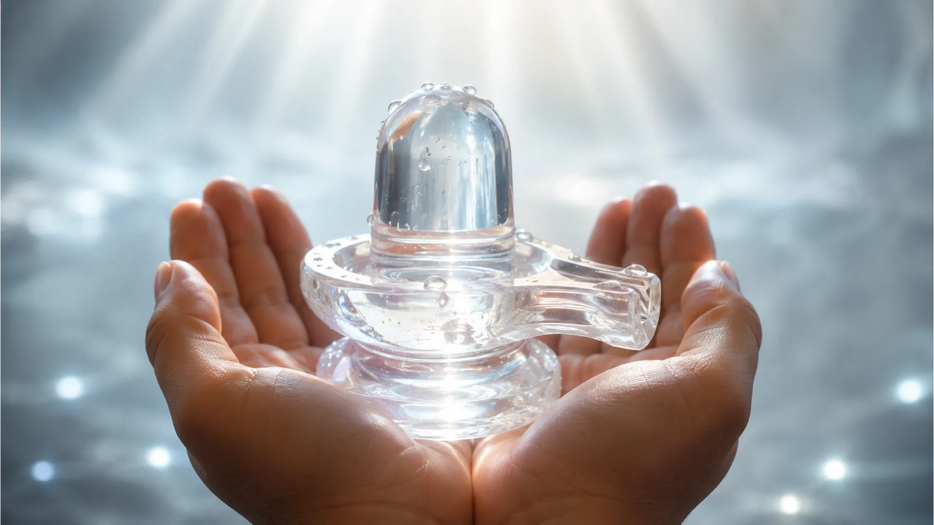 A transparent crystal Sphatik Shivling held in cupped hands with fresh water droplets