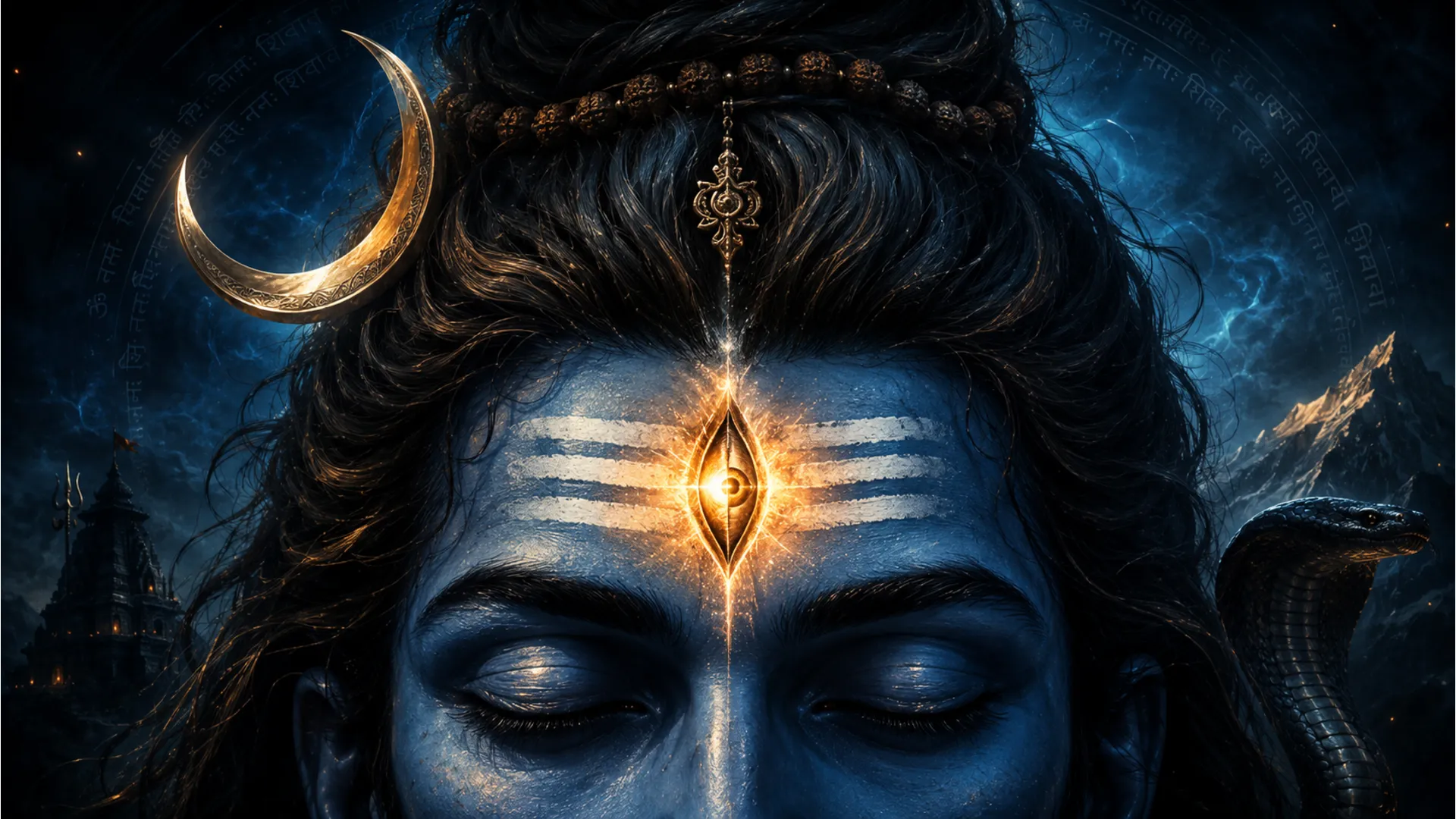 Close-up artistic view of Lord Shiva's face focusing on his third eye and Trishul tilak.
