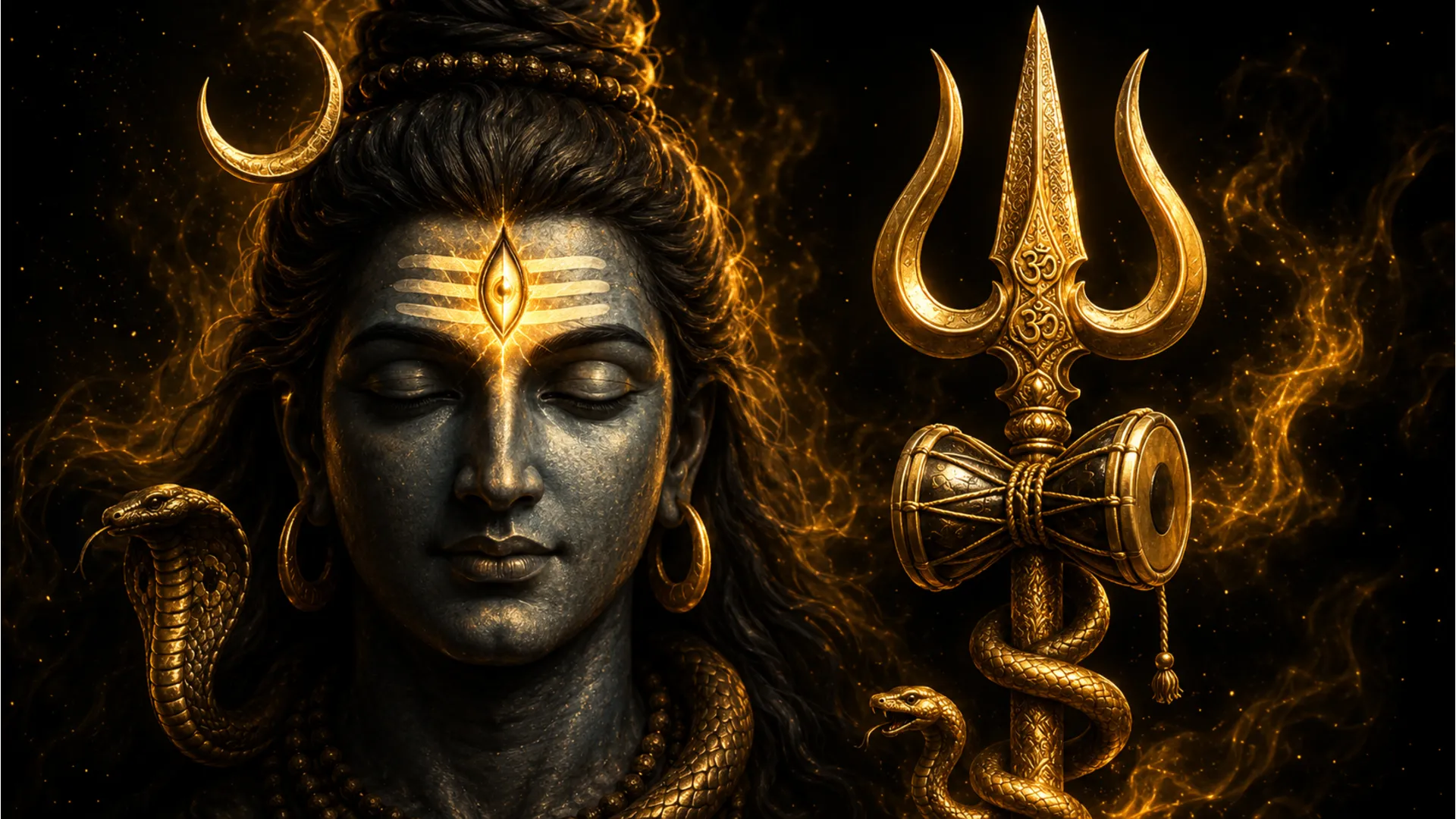 Har har mahadev gold photo focusing on the glowing third eye and golden trishul.