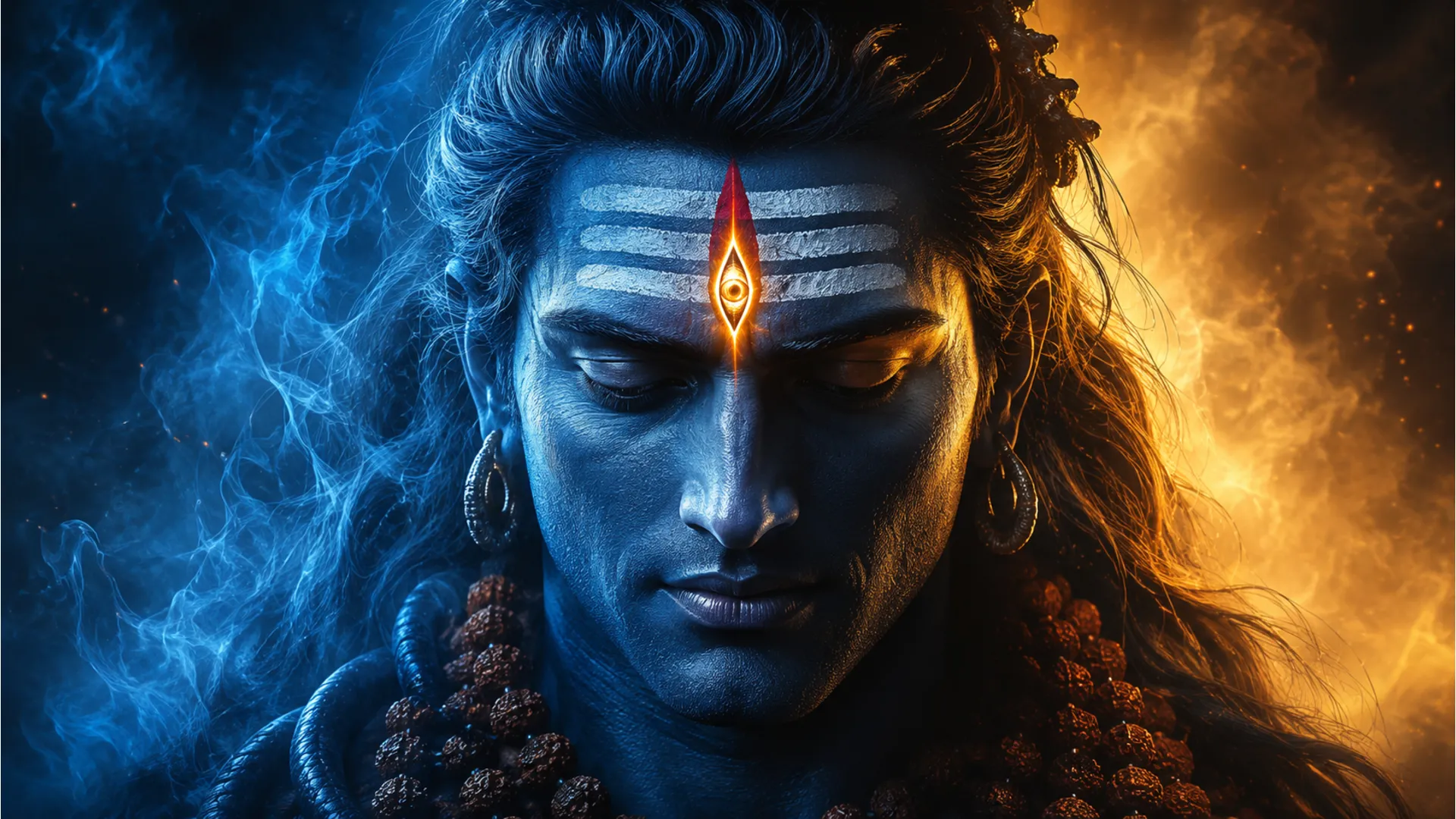 Close up portrait of Lord Shiva with a glowing third eye and smoky background.