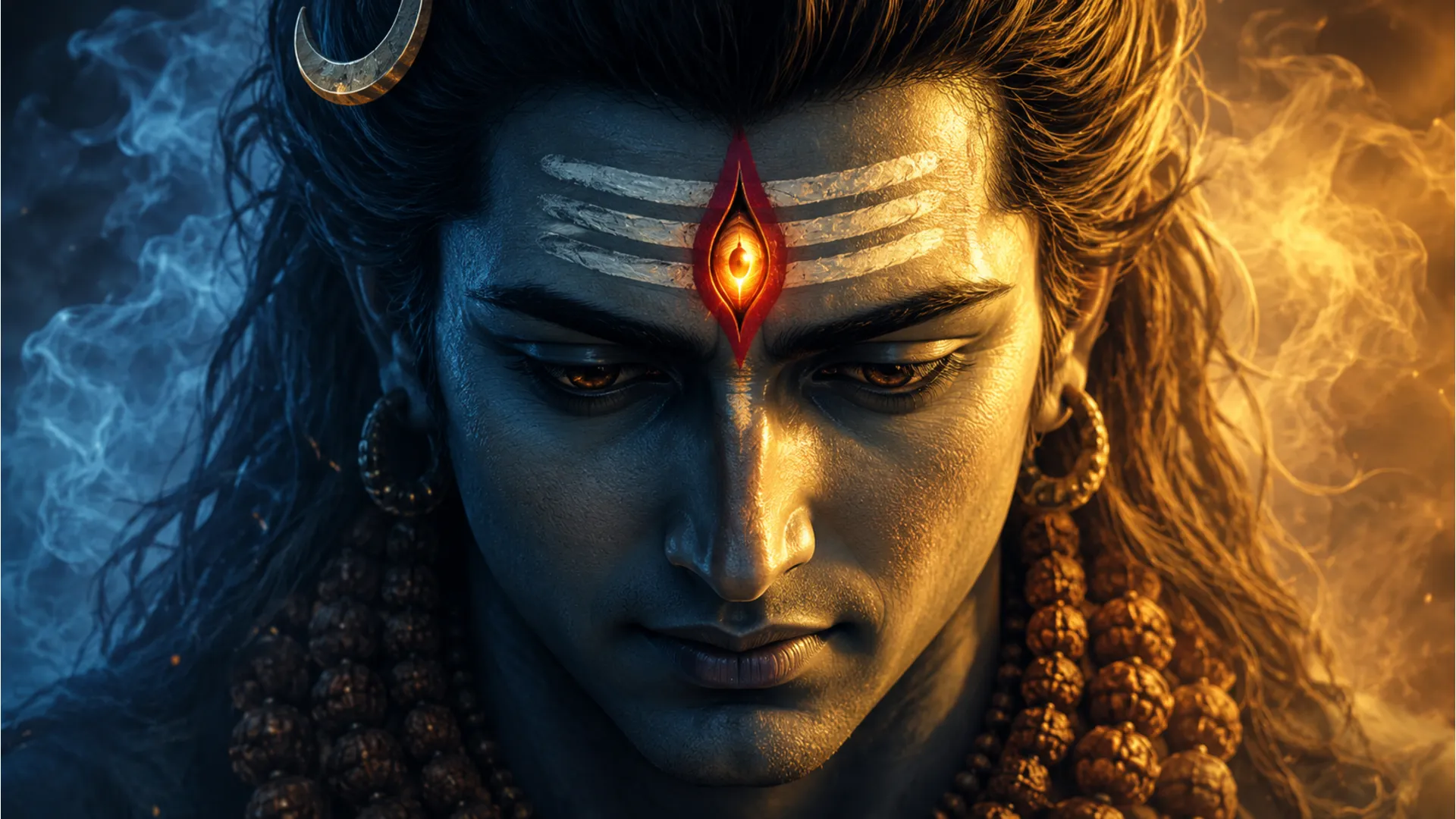 Close up portrait of Lord Shiva with a glowing third eye and smoky background.