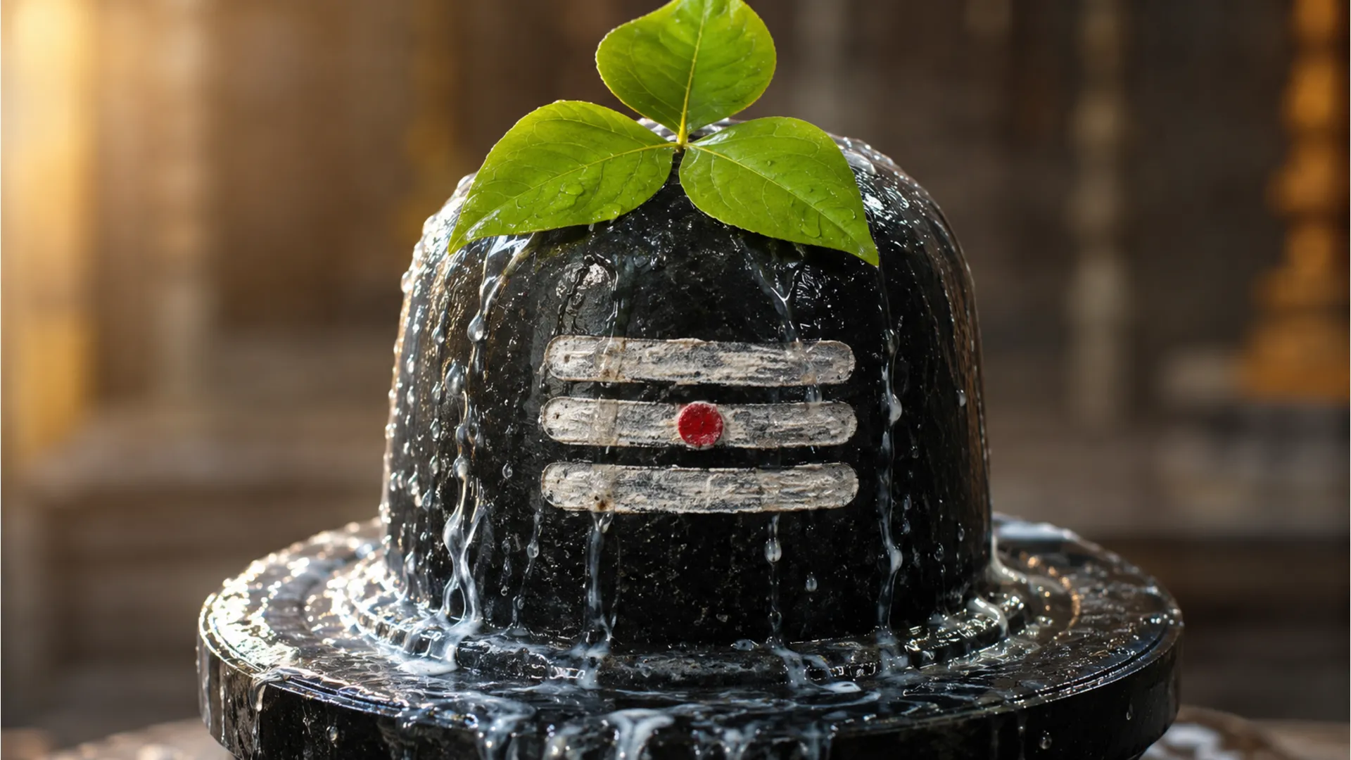 High definition macro shot of water droplets falling on a dark stone Mahadev Shivling.