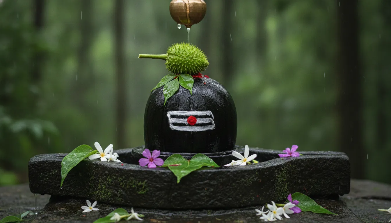 Detailed sawan shivling image showing holy offerings of datura fruit, belpatra, and bhasma.