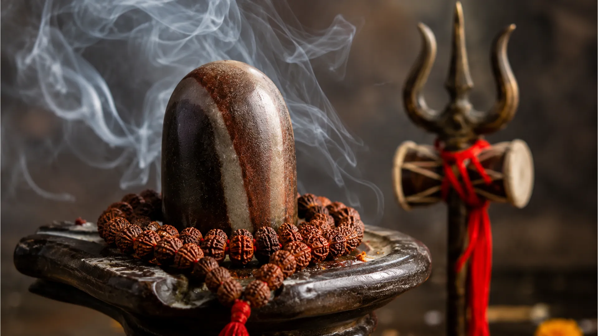 Ultra-realistic close-up of a Shivling decorated with a Rudraksha mala and a metallic Trishul nearby.