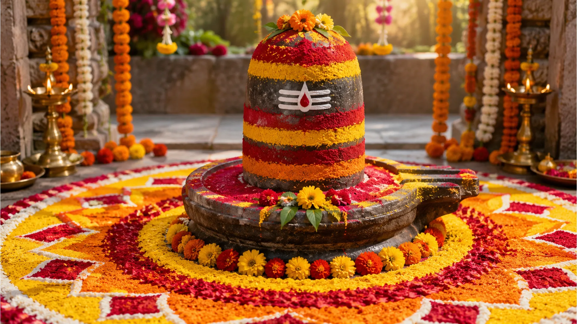 A festive Shivling decorated with bright colored powders like organic red gulal and yellow turmeric