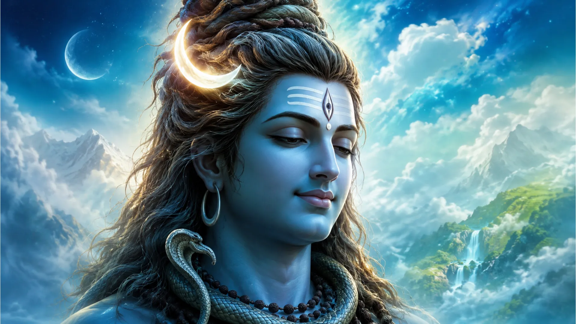 Lord Shiva with a gentle expression and a crescent moon in his matted hair, symbolizing his compassionate aspect.