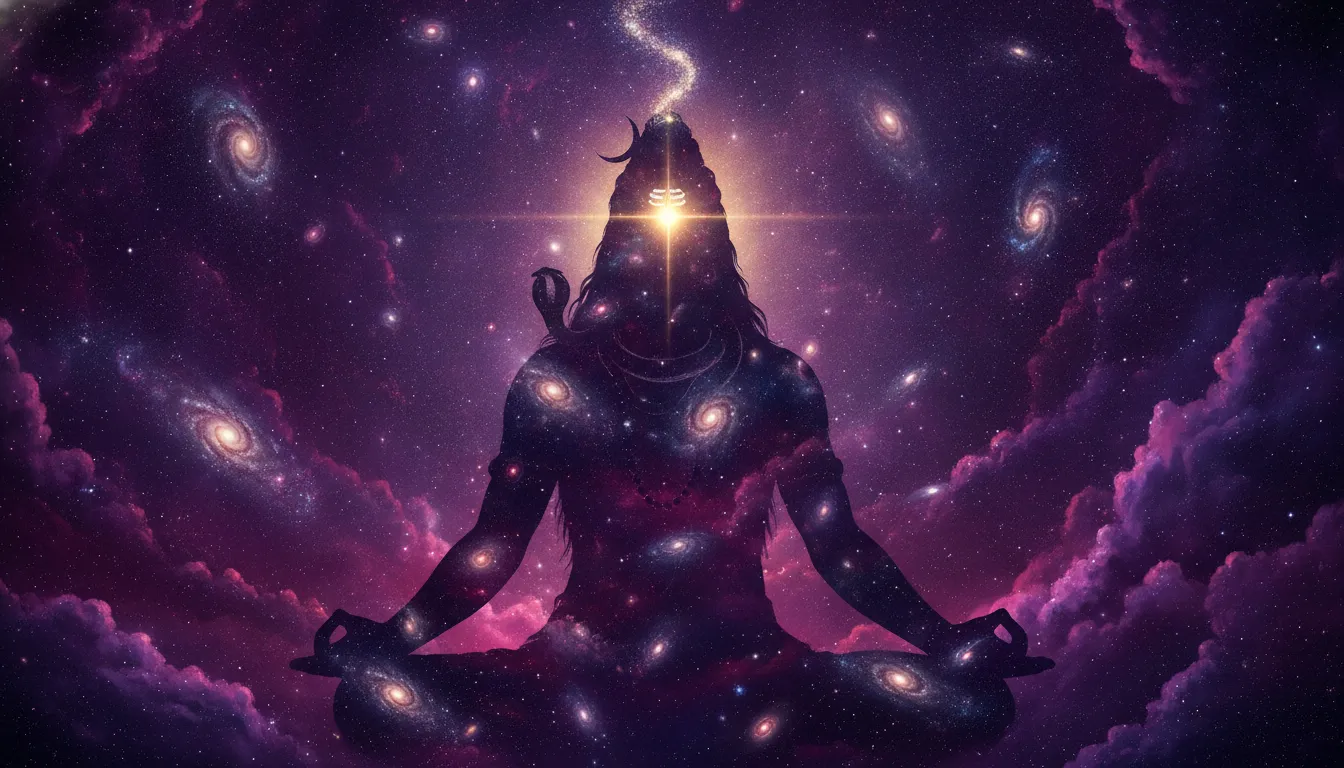 Abstract cosmic artwork of Lord Shiva integrated into the universe and galaxies in 4K.