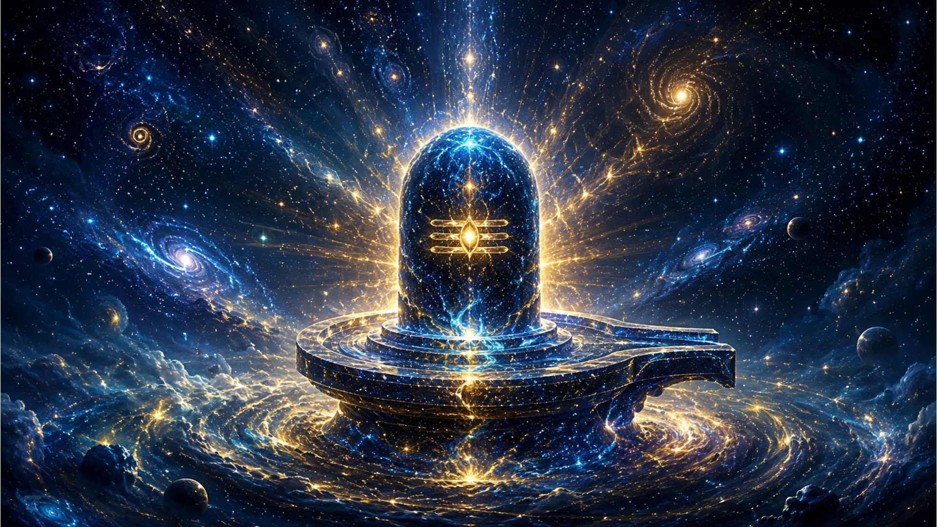 A cosmic abstract Shivling photo image radiating spiritual energy against a universe background.