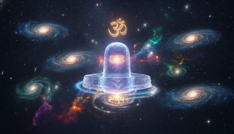 Translucent spiritual Shivling floating amidst vibrant colorful nebulas and distant stars in deep space