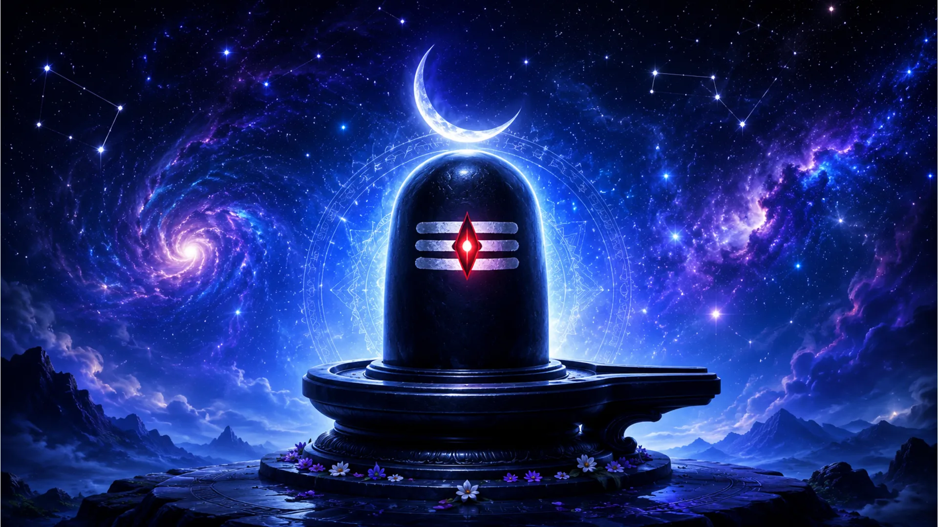 A beautiful cosmic blue Shivling painting with glowing stars and galaxy background in full HD.