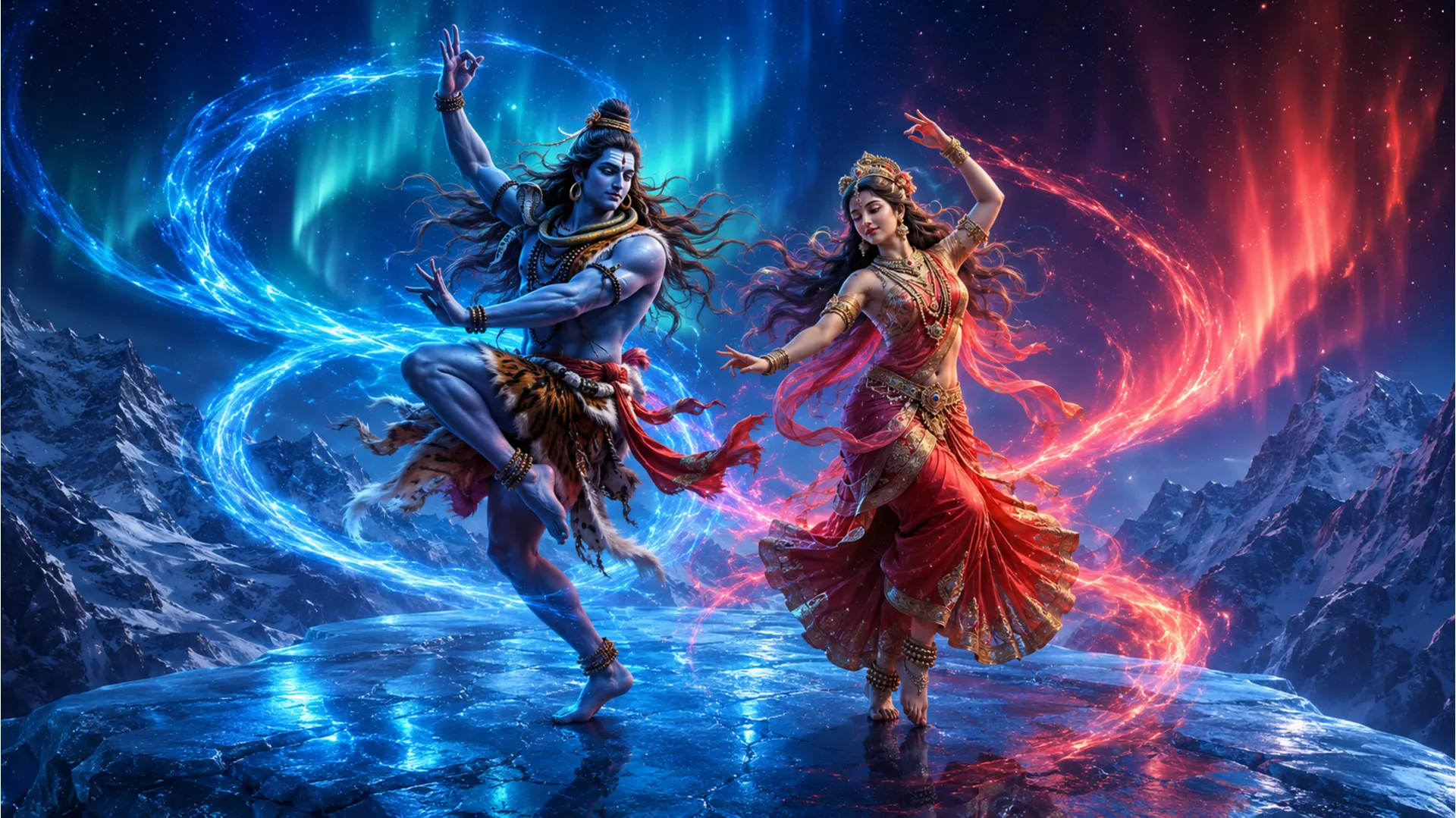 Shiva and Parvati performing a graceful divine dance on a smooth icy mountain top under stars.