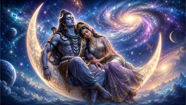 shiva parvati resting on crescent moon after tandav cosmic art
