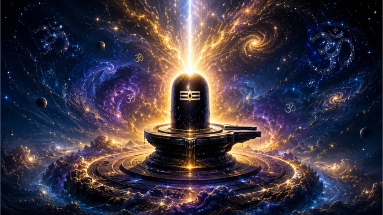 Maha Shivratri Shivling image surrounded by cosmic energy and stars in deep universe