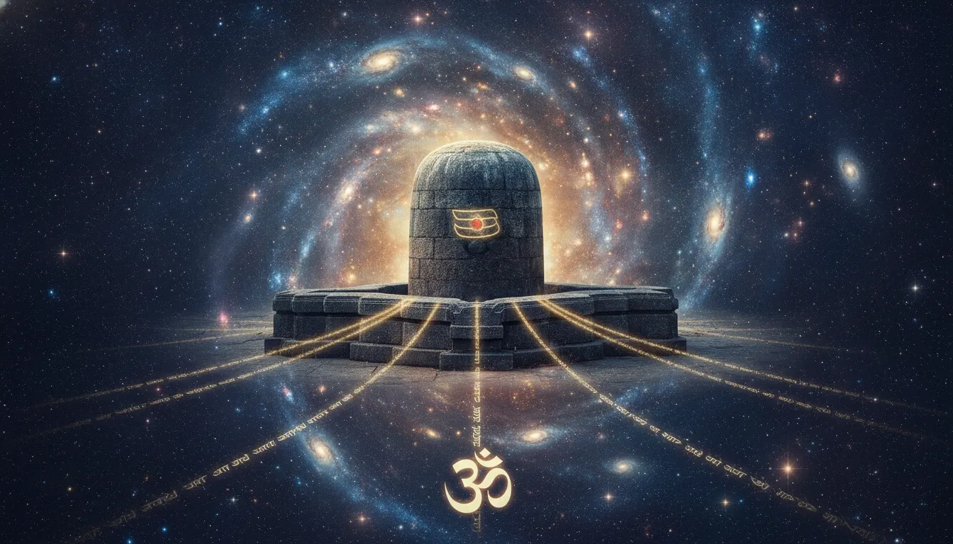 Abstract cosmic art of Omkareshwar shivling image representing infinite spiritual energy and universe creation.