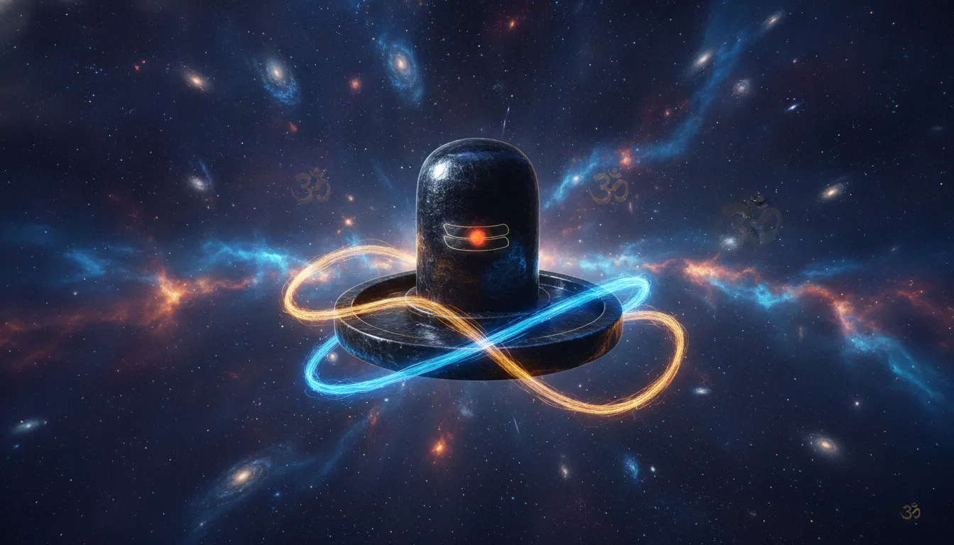 Mystical full HD image of shivling radiating cosmic blue energy waves in a spiritual void.