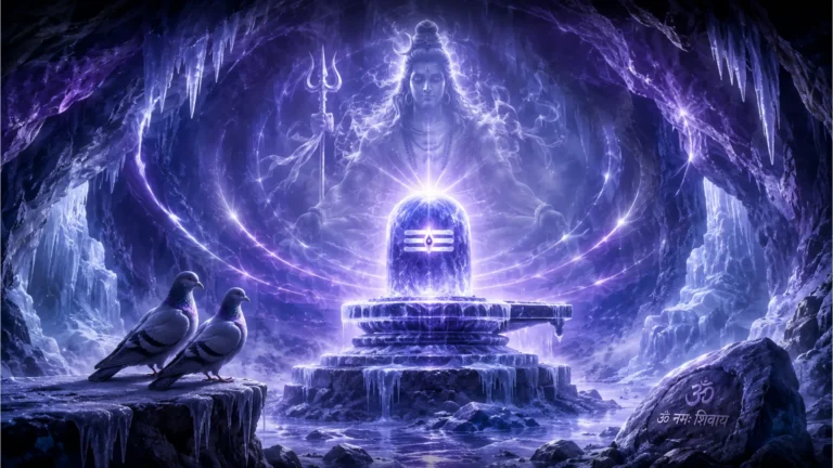 Abstract spiritual energy waves surrounding a solid natural ice shivling.